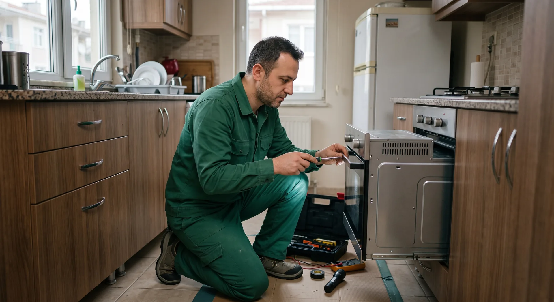 Bir ev aletini inceleyen servis teknisyeni